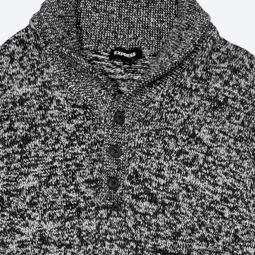 Express Mens Shawl Collar Henley Pullover Sweater XXL Marled Knit Grandpa